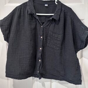 Old Navy Shirt Women XL Black Button Front Short Sleeve Cotton